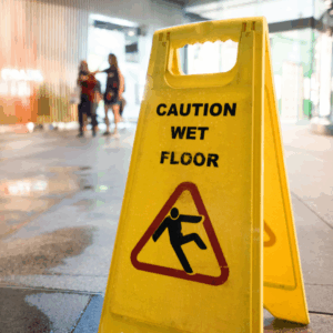 A 'Caution Wet Floor' sign is shown front and center on a wet floor puddled with ice and snow remnants as women walk in the background.