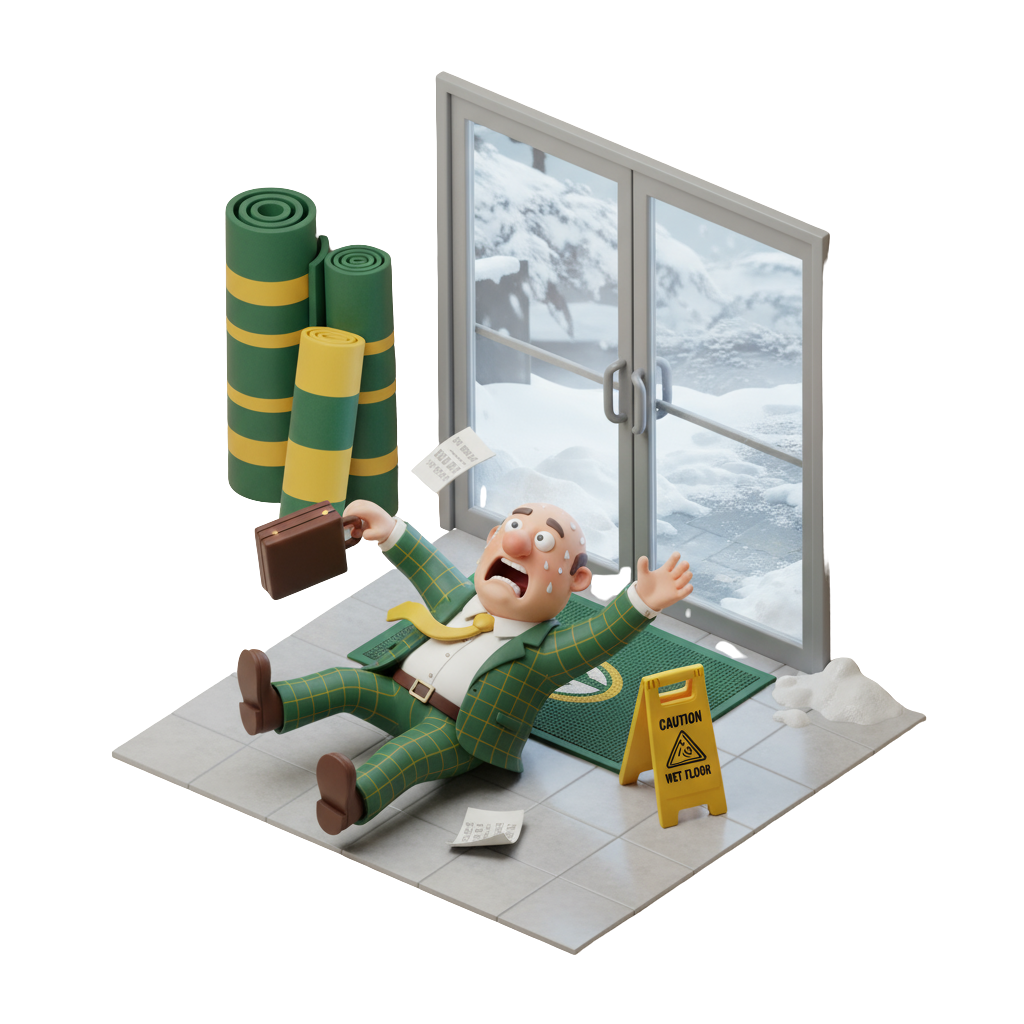 3D cartoon illustration of a smiling cashier wearing a green apron with gold stitching, holding a stack of receipts in one hand and a coffee cup in the other. A cash register and receipt roll sit on the counter beside him, while a pair of snowy boots drip water into a puddle on the floor below.