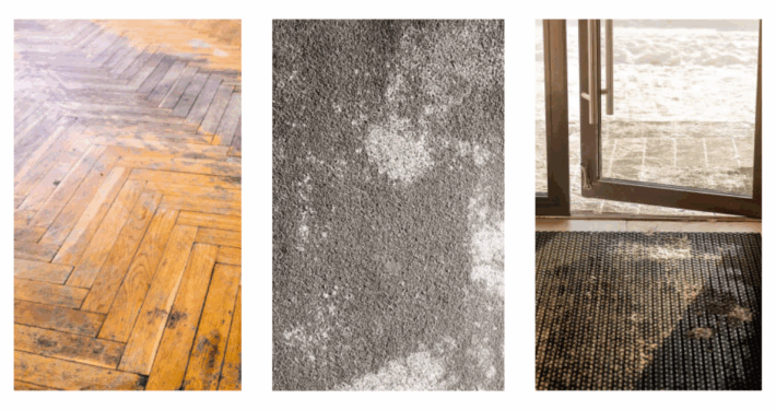 A close up of wood floors shows warping and discoloration due to water damage. The center photo shows a close up of grey low pile carpet with de-icing agents discoloring and damaging carpet fibers. On the right, a door opens over a rubber mat overloaded with slush, snow, salt and water.