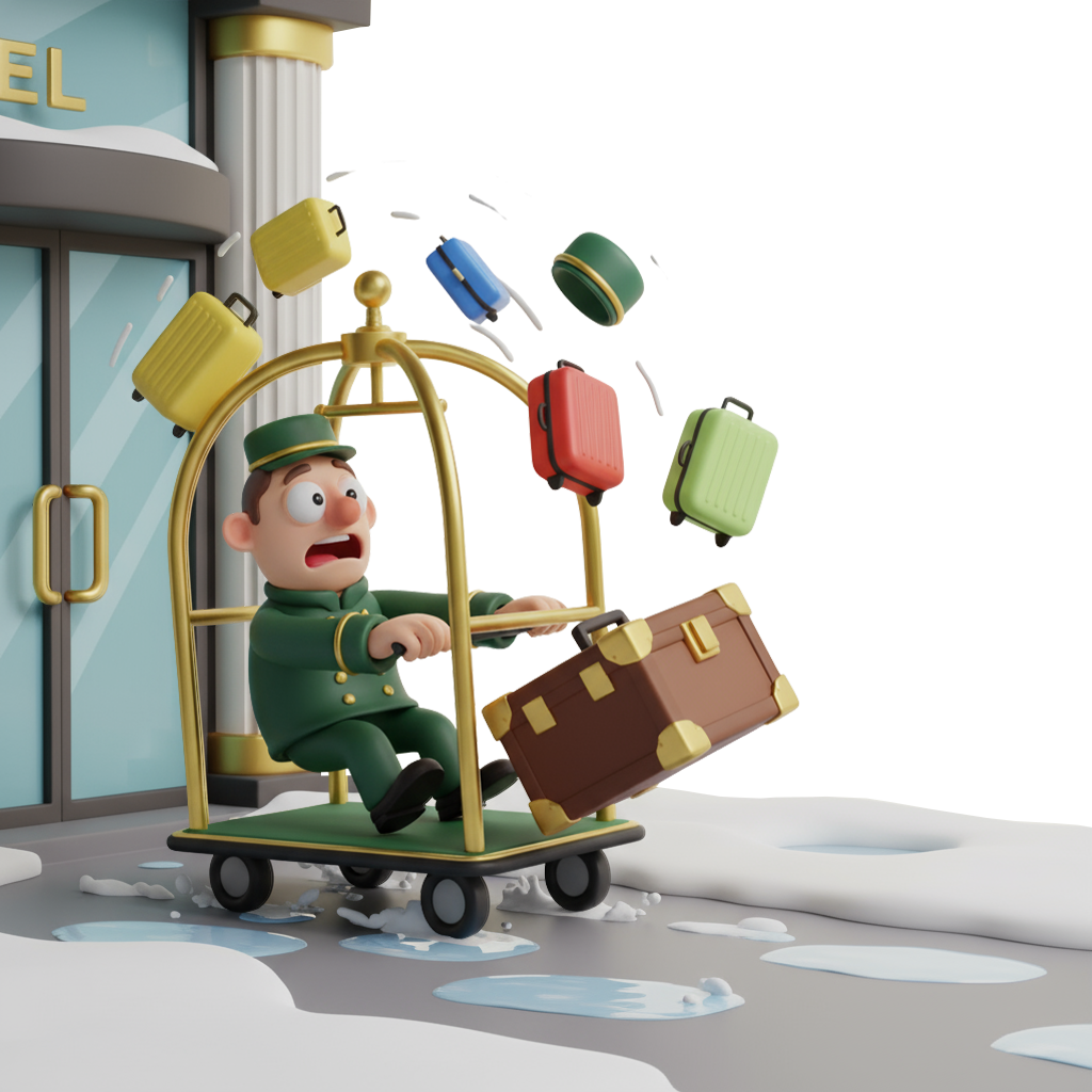 bellhop slip-winter mats for hospitality 3D cartoon illustration of a hotel bellhop in a green and gold uniform losing control of a luggage cart on icy pavement outside a hotel entrance. Colorful suitcases fly through the air as puddles and melting snow surround the cart, emphasizing the need for safe, slip-resistant floor mats during winter.