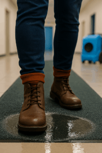 A person's legs are shown stepping onto a dark green colored mat. Their brown boots soak into a puddle on the mat, as the mat is oversaturated and cannot hold more moisture. Behind them in the frame, a hallway is shown with a large blue commercial fan.