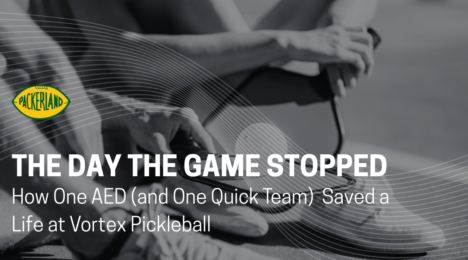 The cover image shows the title of blog overlayed on a black and white photo of pickleball players sitting on the court. Their legs, arms, and feet are shown close up in a dramatic way.