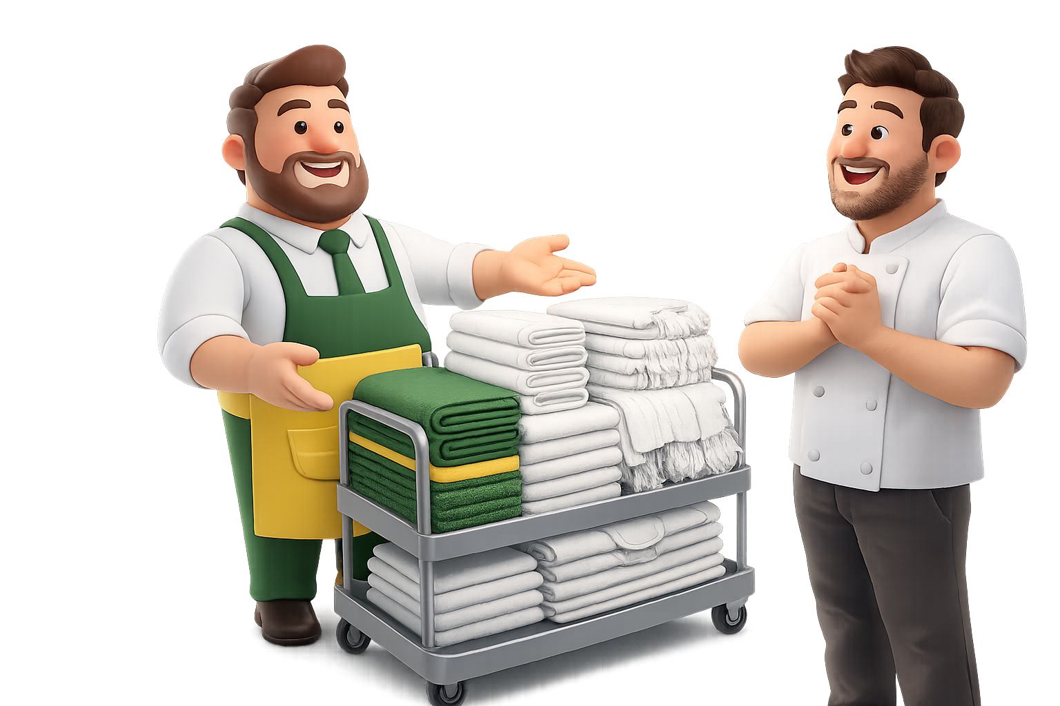 Friendly Packerland service worker in a green apron delivering clean restaurant mats and folded towels on a cart to a smiling chef, illustrating restaurant supply delivery service.