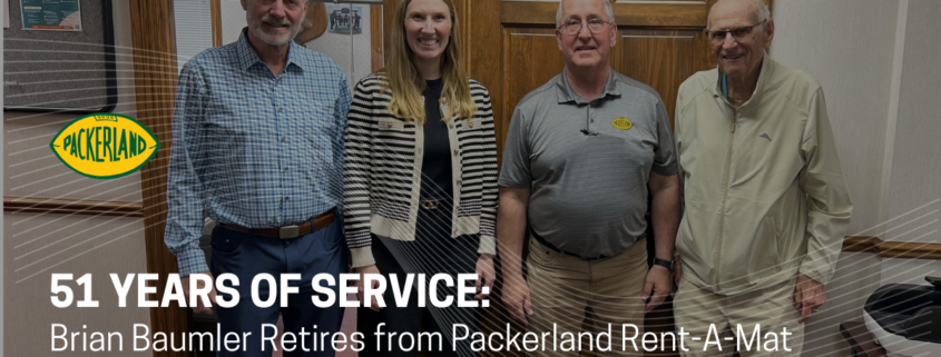 Three generations of Schultz family members pose with Brian Baumler, who retired from Packerland after 51 years.