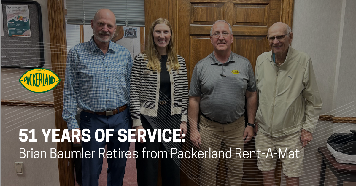 where to put floor mats the most overlooked areas in your building-7 Three generations of Schultz family members pose with Brian Baumler, who retired from Packerland after 51 years.