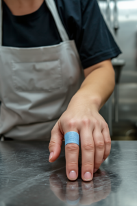 restaurant bandage requirements A blue bandage wrapped around a chef's pointer finger