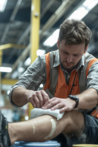 manufacturing first aid A warehouse employee wearing an orange vest applying an ice pack to an injured leg