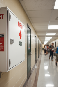 school first aid kit a white first aid cabinet is mounted on the wall of a school hallway bustling with students in the background