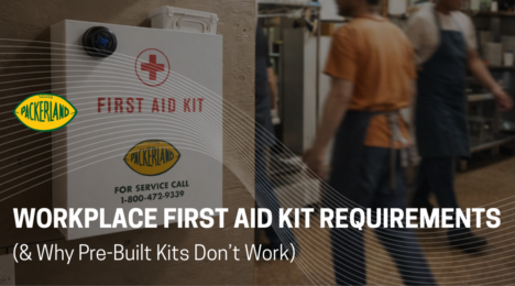 Blog banner featuring the title of the blog over a photo of a Packerland first aid kit mounted to the wall of a restaurant kitchen