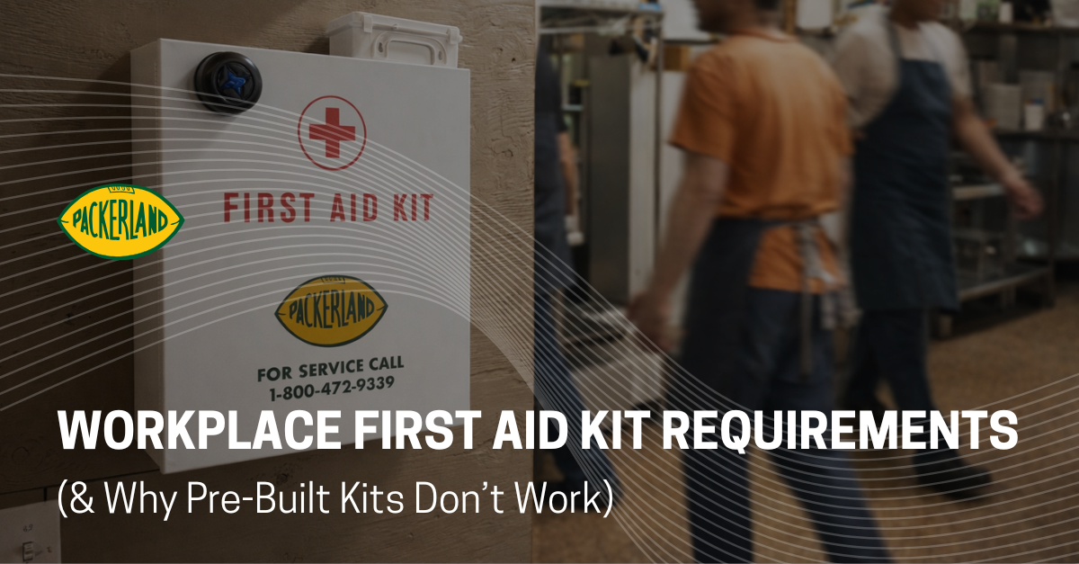 Workplace first aid kit requirements Blog banner featuring the title of the blog over a photo of a Packerland first aid kit mounted to the wall of a restaurant kitchen