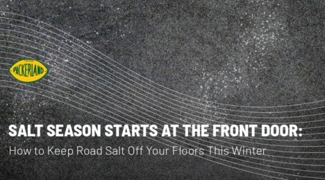 Blog post banner of a mat with salt on it that states: How Wisconsin businesses keep road salt off their floors this winter