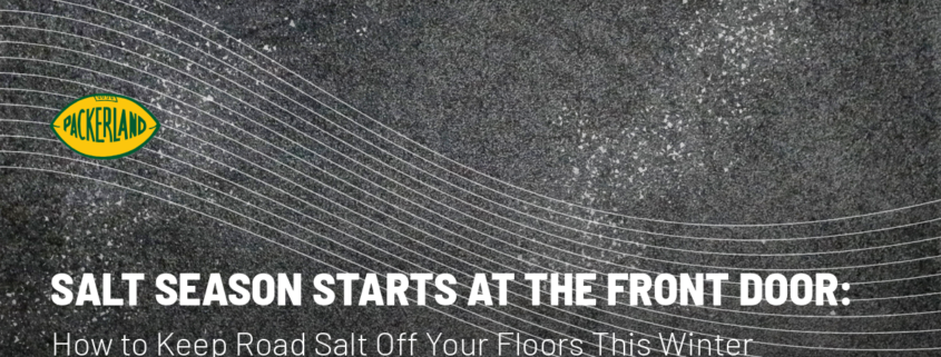 Blog post banner of a mat with salt on it that states: How Wisconsin businesses keep road salt off their floors this winter
